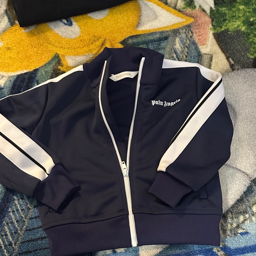 Palm Angels Dark Blue Zip-Up Jacket with White Stripes